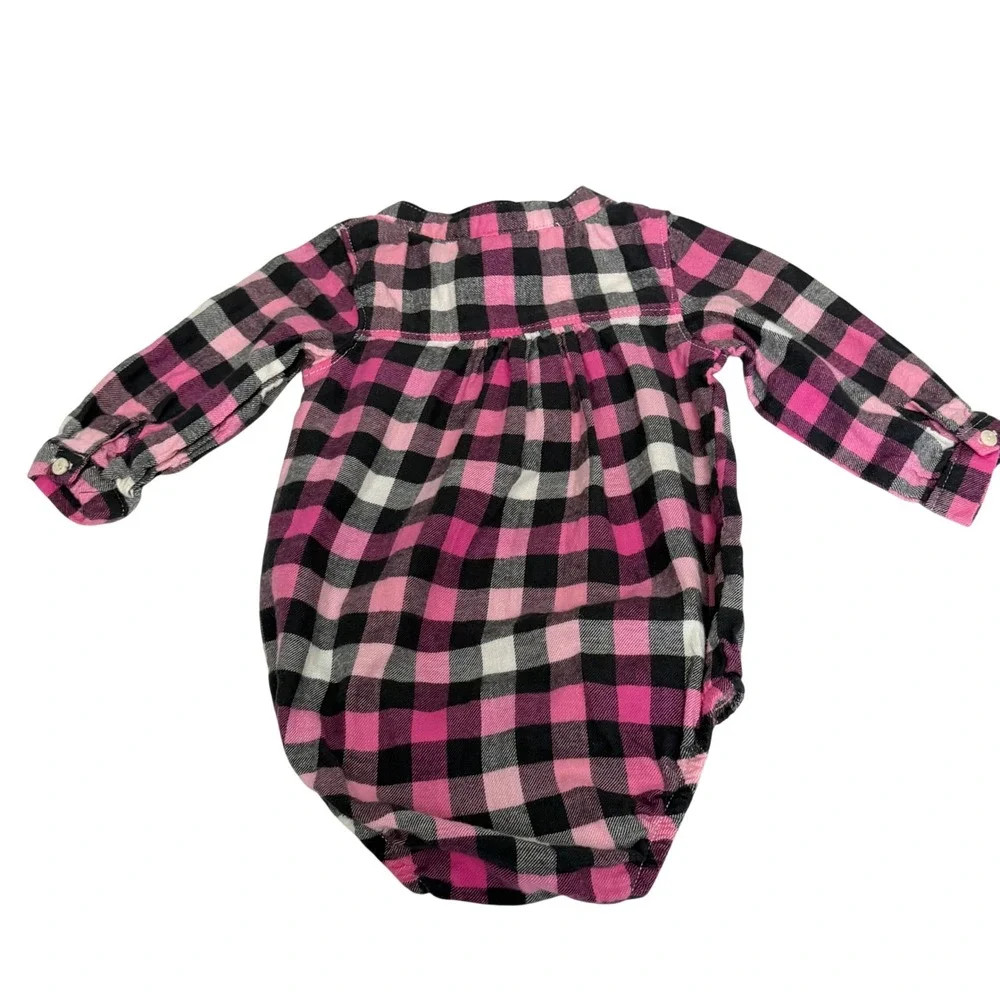 OshKosh Bgosh Baby Girl 6M Pink Black Buffalo Plaid Flannel Bodysuit Long Sleeve